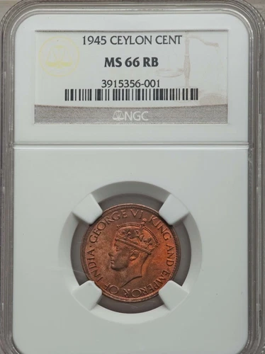 1945 Ceylon Cent, NGC MS 66 RB, Sole Finest @ NGC