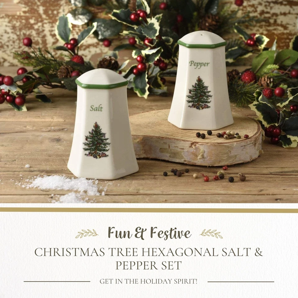 Spode Christmas Tree Hexagonal Salt & Pepper Set, 2-Piece Festive Shakers Décor - Image 2 of 4