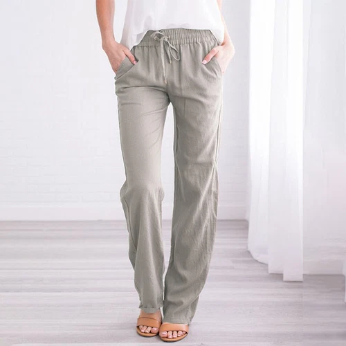 Women Cotton Linen Trousers Ladies Summer Casual Elastic Waist Bottoms Pants UK - Picture 29 of 37