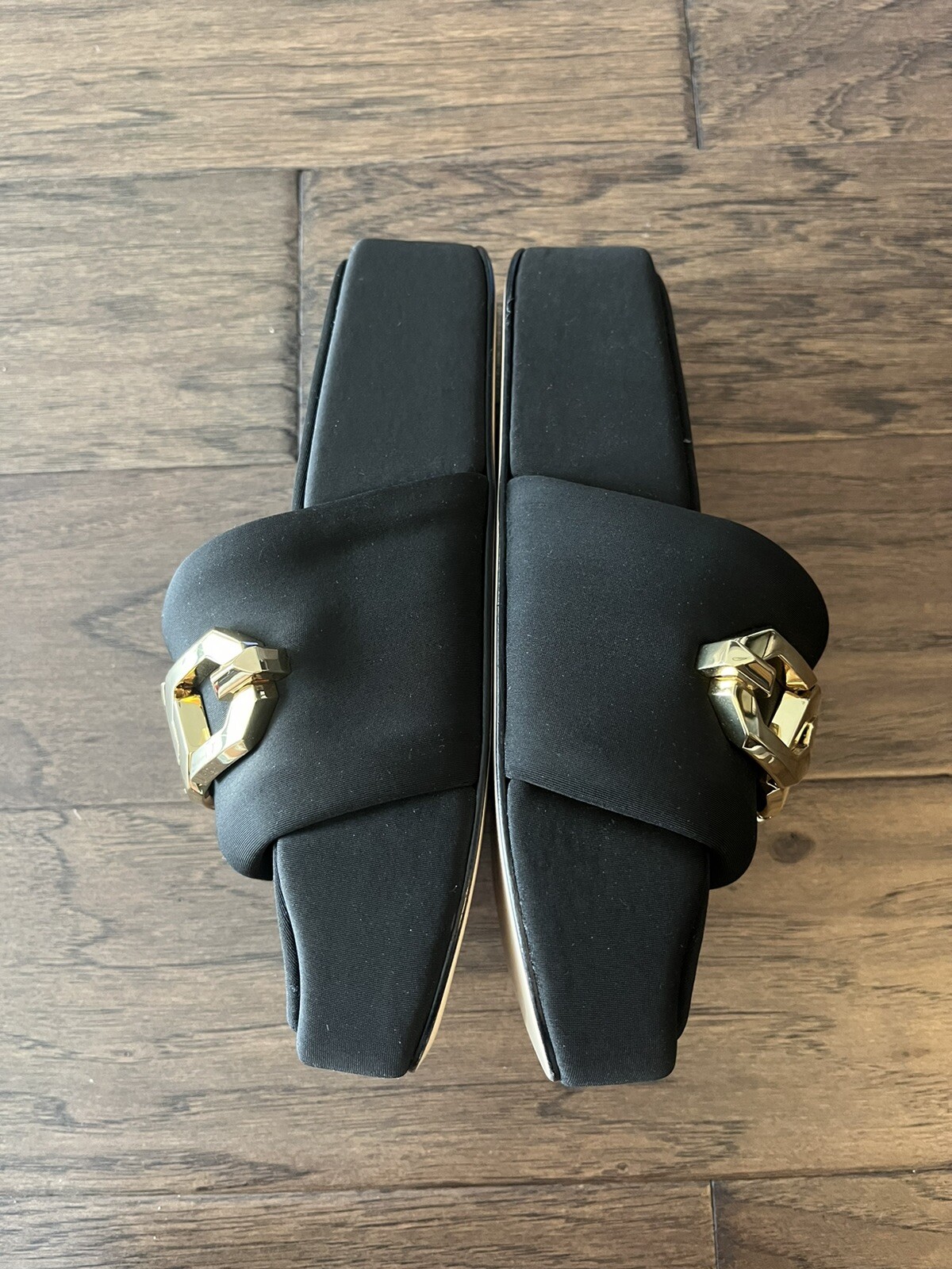 PANTOFOLA D’ORO Buona catena americana oro plateau diapositive nere. Donna taglia 7. Nuovo senza scatola