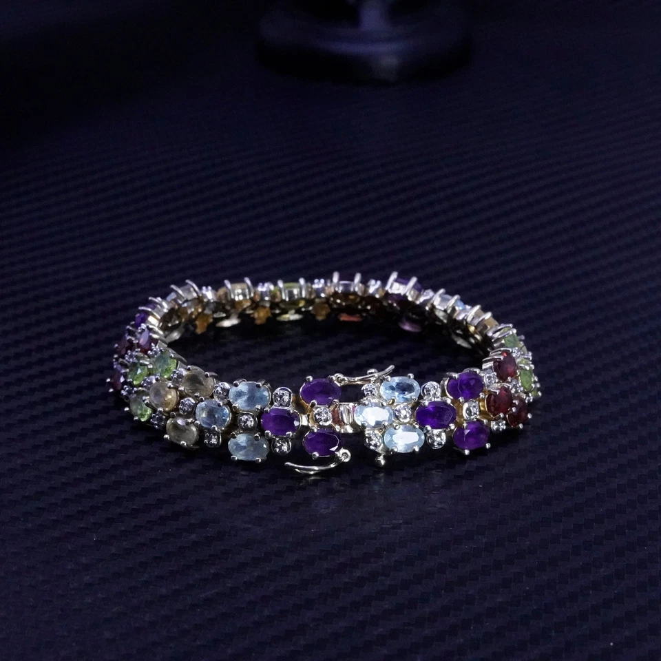 6.5”, vermeil yellow gold sterling silver 925 tennis bracelet amethyst peridot - Image 4 of 4