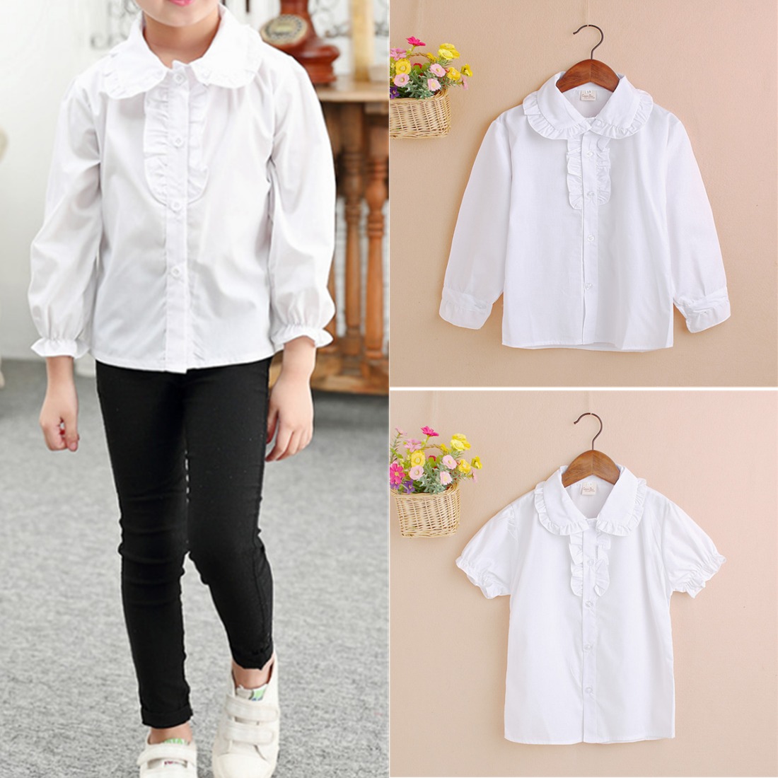 【Anyone more】Bilo Frill Round Collar Short Sleeve T-Shirt Kids Short/Long Sleeve Frilled Peter Pan Collar Shirt Big