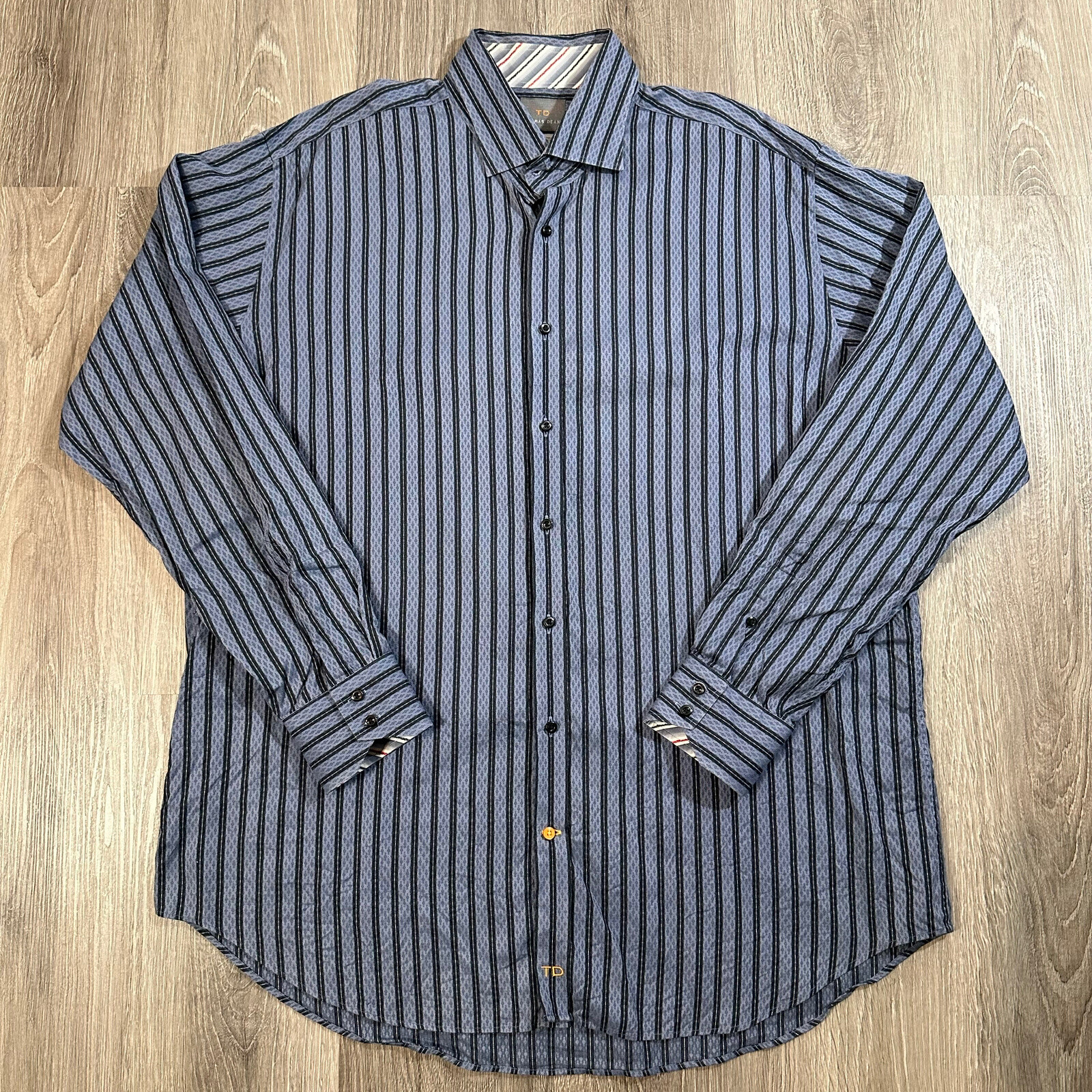 Thomas Dean Long Sleeve Button Up Shirt Mens 2XL Blue Striped Geometric