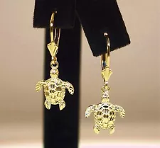 12MM SOLID 14K YELLOW GOLD DIAMOND CUT DC HAWAIIAN TURTLE LEVERBACK EARRINGS #2
