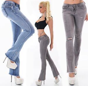 Damen Jeans Hose Bootcut Schlag Stretch Ausgefranst Nieten Risse Schlaghose Ebay