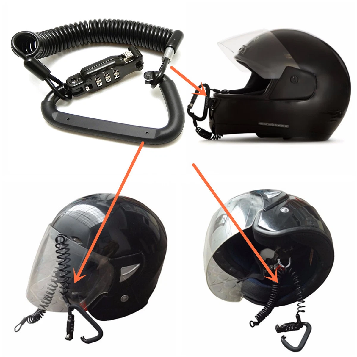 Motorcycle Helmet Lock & Cable Black Tough Combination PIN Locking  Carabiner