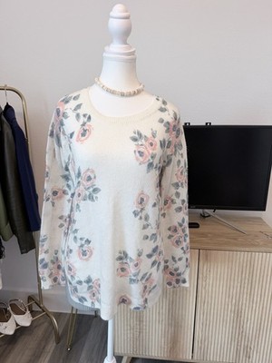 Juniors Floral Knit Crew Neck Long Sleeve Pullover Sweater Ivory Pink Gray M