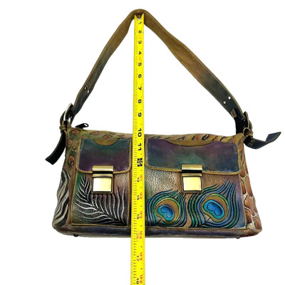 Anuschka Hand Painted Leather Shoulder Bag Peacock Animal Print Gold Hardware