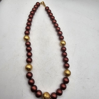 Napier Gold Tone Necklace With Brown And Gold Beads 17'' Estate Find