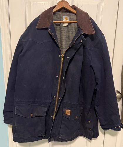 Vintage Carhartt Sandstone Canvas Ranch Chore Coat C52MDT Midnight Blue 2XL 