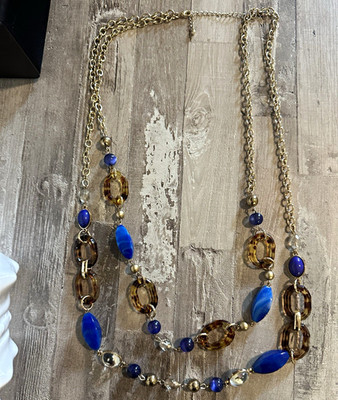 Gold Tone Layered Oval Link Chain Necklace Blue Brown Glass Beads, Adjustable