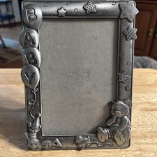 Pewter Baby photo Frame unisex holds 5x7 photo Says Baby On It Stars Teddy Bear