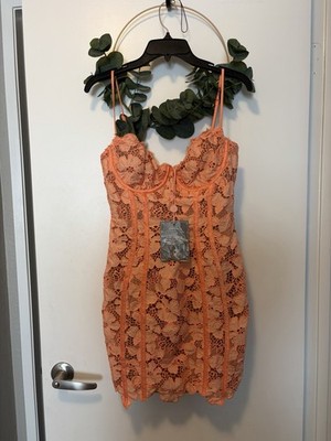 House of CB Papaya Punch Lace Corset Dress M Tall Fuller Cup Floral  Embroidery | eBay