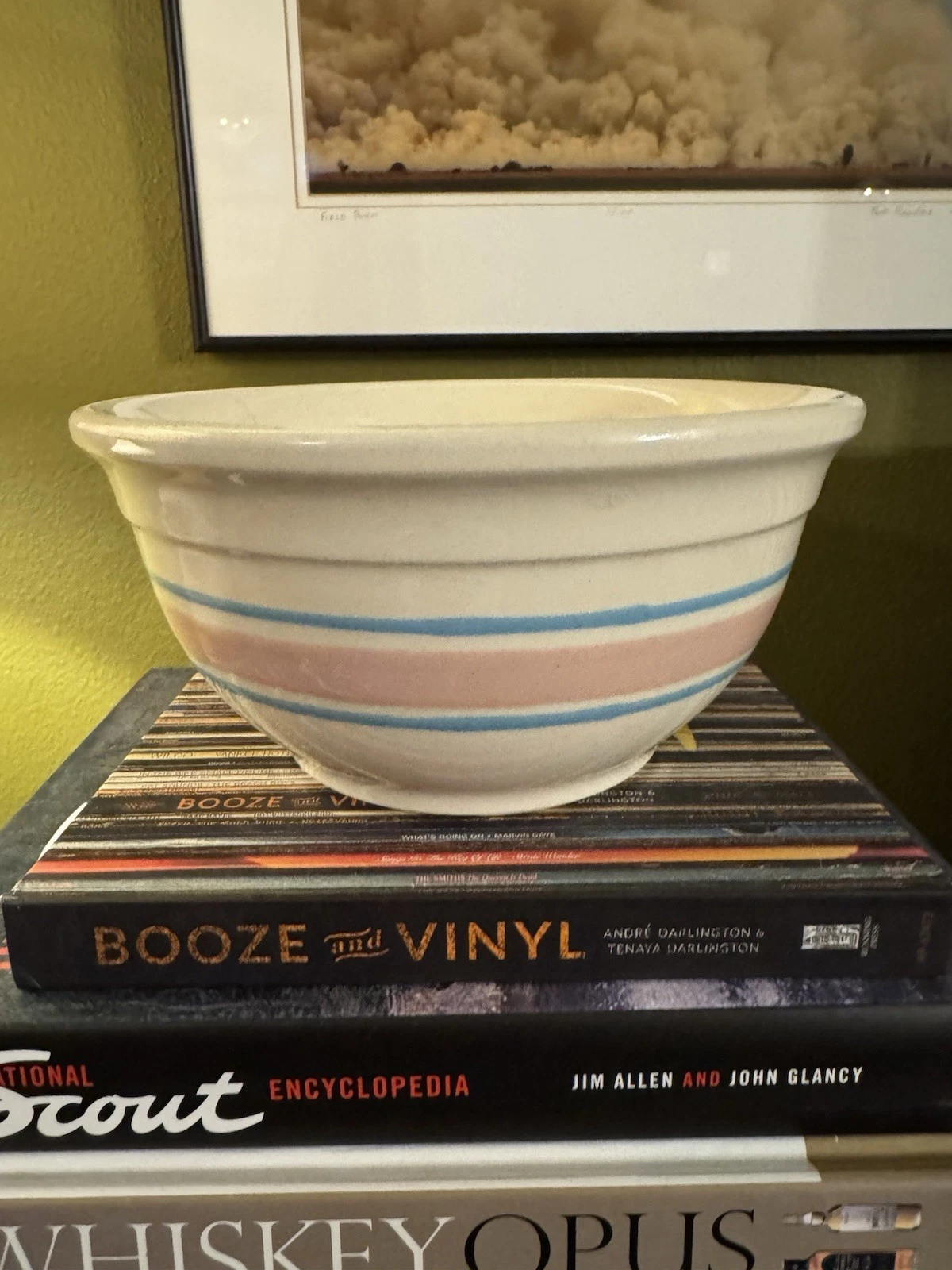 Vtg USA Stoneware Mixing Bowl #108 Pink Blue Stripe Farmhouse Kitchen 8”