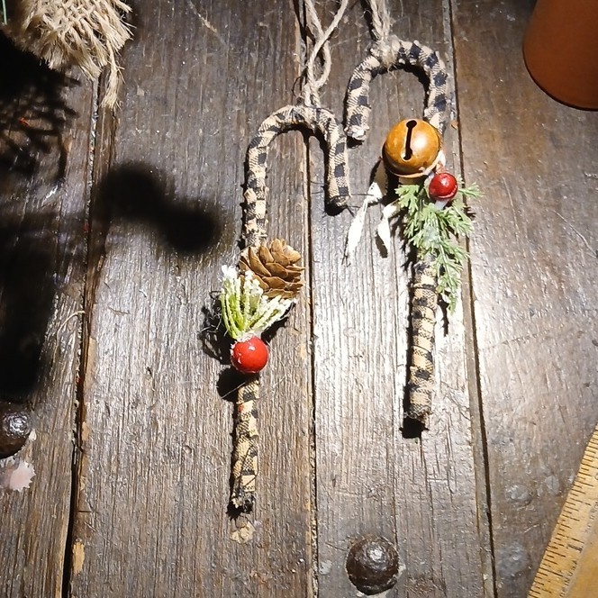 Handmade Rustic Candy Cane Ornaments with Pinecone, Bell Red Berries Set of 2