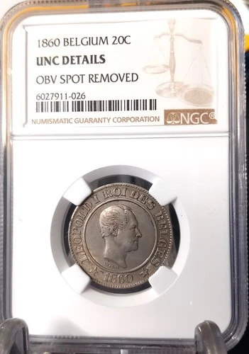 BELGIUM 1860 20 CENTS NGC UNC DETAILS SCARCE
