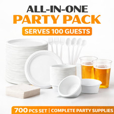 Disposable Party Pack 700pcs Plates Bowls Cups Cutlery Napkins Serves 100