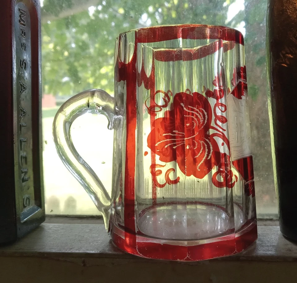 1880s RUBY STAINED CUT TO CLEAR CILLEN SOUVENIR GLASS MUG WHEEL CUT ENGRAVED - Image 2 of 4