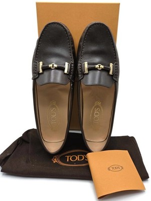 TOD'S Double T Dark Brown Leather Driving Moccasins Loafers Womens Size 39.5