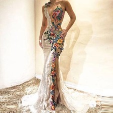Mermaid Evening Dresses Colorful Flower Applique Lace Prom Dresses Party Gowns