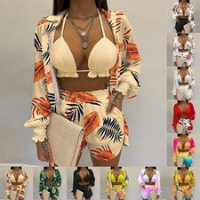 3Pc Bikini Set Cover Up Swimsuit Long Sleeve Push Up Beach Wear Shorts Bathing