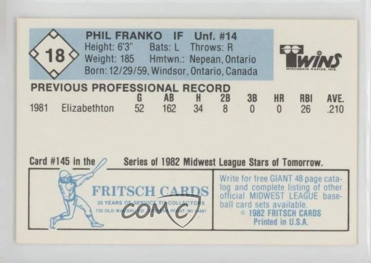 1982 Fritsch Midwest League Stars of Tomorrow Philip Franko Phil Franko #145 - Image 2 of 2