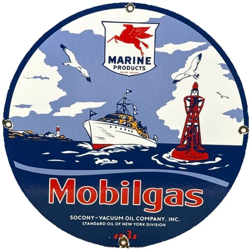 VINTAGE MOBIL MARINE PORCELAIN SIGN DEALERSHIP SERVICE GAS STATION MOBIL OIL