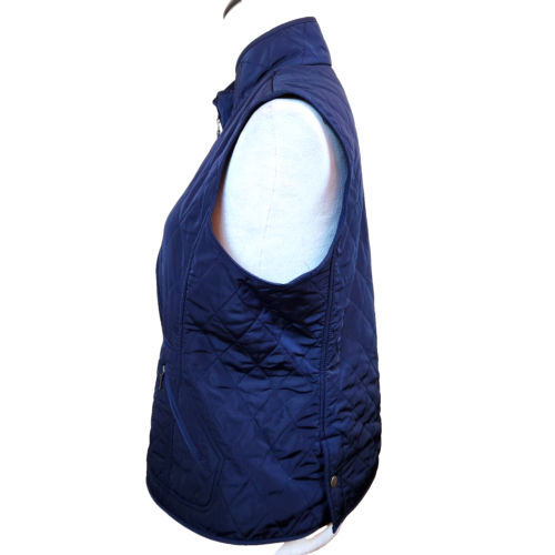 Talbots Womens Long Quilted Vest Medium Petite Navy Blue Full Zip Front Pockets - Picture 2 of 14