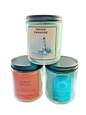 Bath and Body Works lot of 3 Candles Peach Bellini, Indigo Paradise, Radiant Sky
