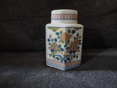 Vintage Japanese Candle Holder Porcelain Candlestick Floral Hexagon Shape