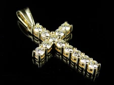 Real 10K Yellow Gold Genuine Solitaire Diamonds One Row Cross Pendant 1 CT 1.25"