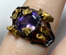 Woman's Ring Black Band with Purple Glass Stone and Gold Accents Size 10