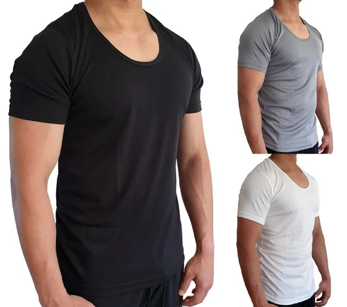 MENS SCOOP NECK T SHIRT QUICK DRY POLYESTER SLIM FIT S - XXL EURO CASUAL MUSCLE