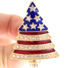 1.75" NWOT PATRIOTIC AMERICAN FLAG CHRISTMAS TREE RHINESTONE & ENAMEL BROOCH PIN