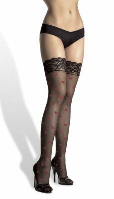ONE SIZE Sexy Ultra Sheer Woven Love Heart Stockings with Lace Tops WHITE / RED