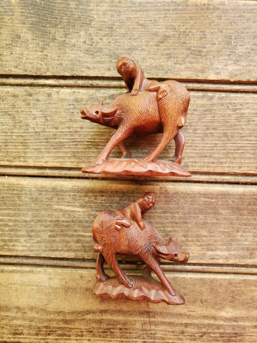 JAPANESE Figurines Hand CARVED WOOD NETSUKE, Budha Riding Ox JAPANESE Figurines Hand CARVED WOOD NETSUKE, Budha Riding Ox