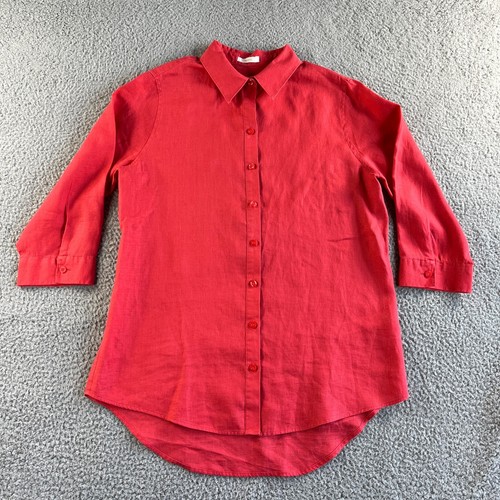 NEW Chicos Shirt Womens Small 0 Red Button Up Linen Tunic Top 3/4 Sleeve No Iron