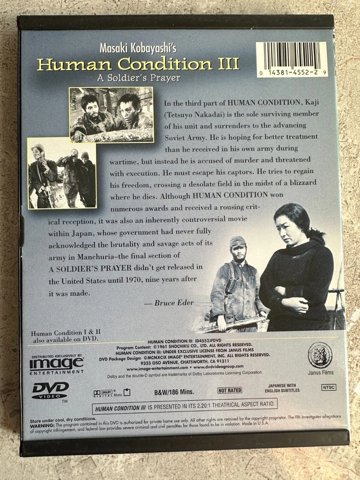 HUMAN CONDITION III  - A SOLDIER'S PRAYER (1961) DVD 📽️ - Image 2 of 2