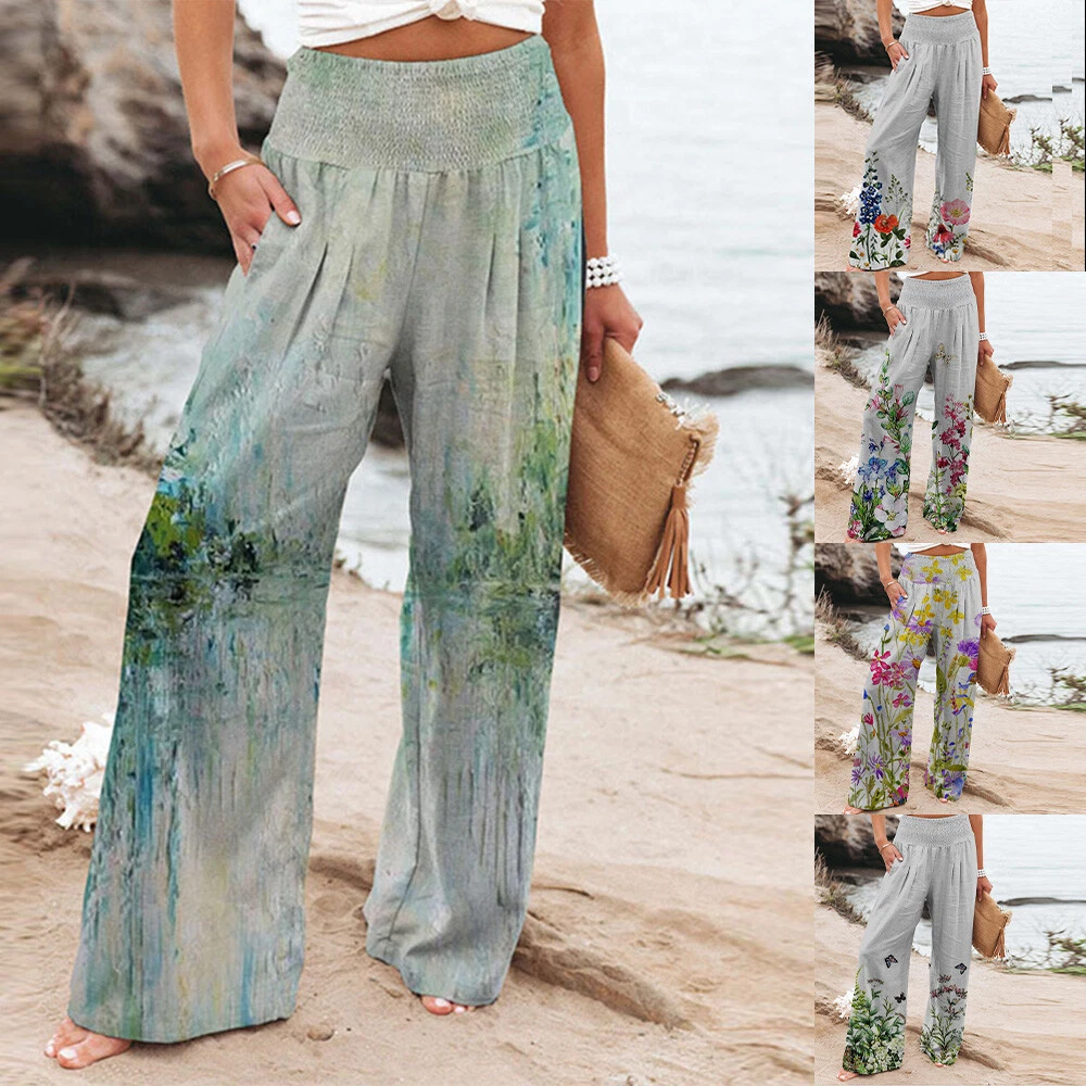 Women High Waist Boho Floral Pants Ladies Casual Loose Wide Leg