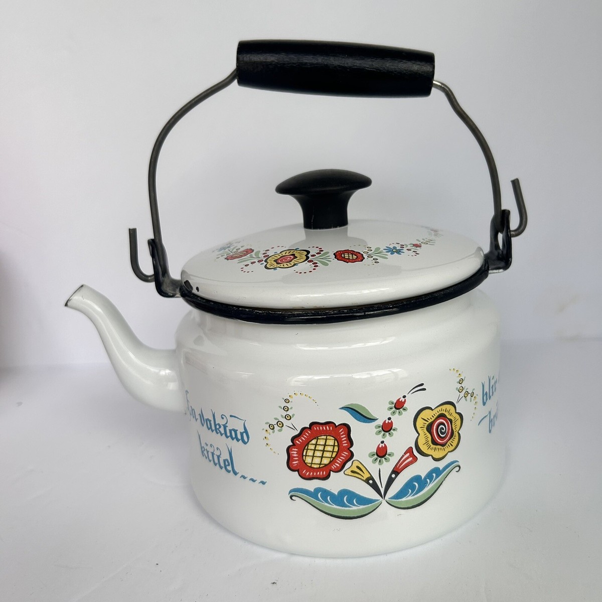 Vintage MCM Berggren Swedish Enamelware Teapot Tea Kettle Rosemaling Folk  Art 5”