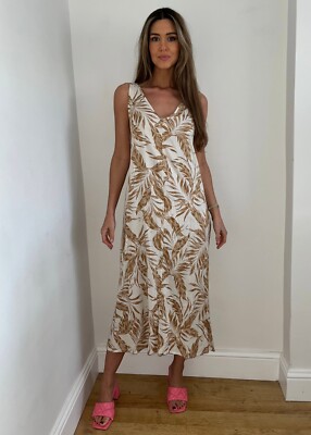 Brand New Wallis Cream & Gold Leaf Print Sleeveless Dress Sizes 16-22
