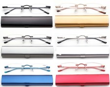 Slim Rimless Readers in Slim Curved Aluminum Case Reading Glasses Tube Reader