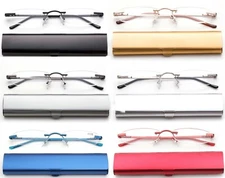 Slim Rimless Readers in Slim Curved Aluminum Case Reading Glasses Tube Reader