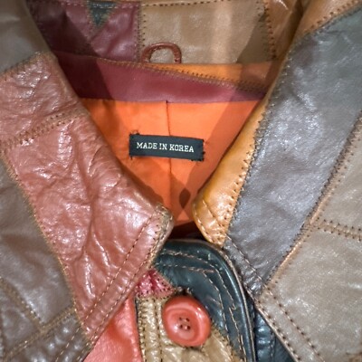 VINTAGE 1970s Leather Patchwork Jacket Womens 13-14 Fish VINTAGE 1970s Leather Patchwork Jacket Womens 13-14 Fish