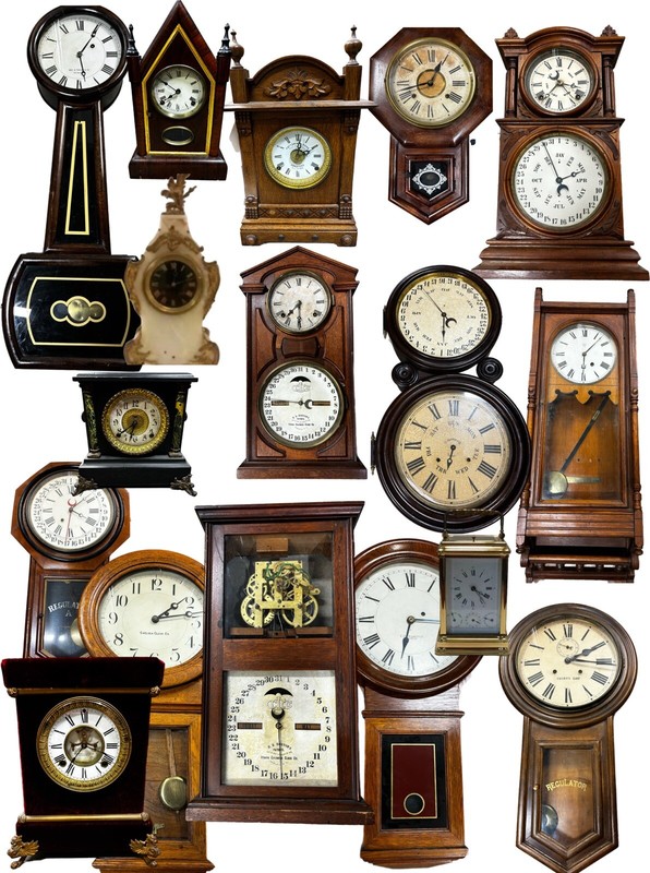 Large Lot Vintage Clocks Waterbury L’epee Banjo Howard Regulator Tiffany Marble