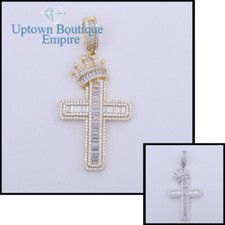 Crown Cross Men Women's 925 Sterling Silver Gold Baguette CZ Pendant B