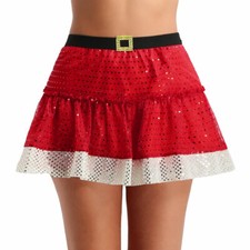 Women's Mrs Claus Santa Tutu Skirt Sequin Flared Skater Skirts Christmas Costume