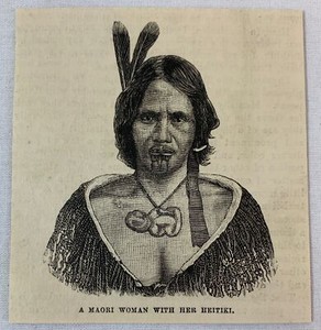 1882 small magazine engraving ~ MAORI WOMAN WITH HER HEITIKI, NEW ZEALAND