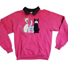 Vintage 80s Cute Kitty Cat Embroidered Pink Crew Neck Sweatshirt Kitschy