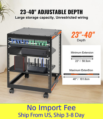 12U Open Frame Server Rack Adjustable Depth 23-40 Inch 4 Post Network Rack with 